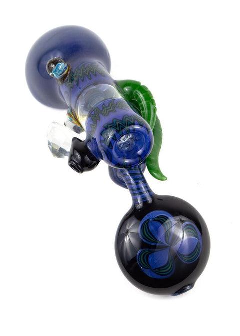 Steve Gelb | Indigo & Green Wig-Wag Laydown Bubbler - Peace Pipe 420